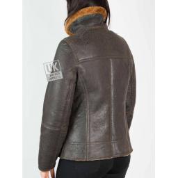 Womens Shearling Sheepskin Jacket - Anara - Brown Wool - Back