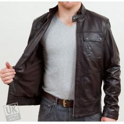 Men's Brown Leather Biker Jacket - Cobalt - Lining