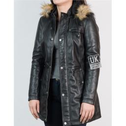 Womens Black Leather Coat - Montana - Detachable Hood - Front Unzipped
