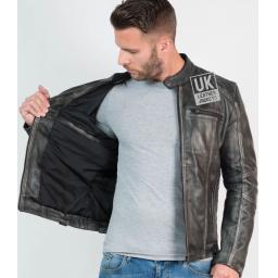Mens Vintage Grey Leather Biker Jacket - Phoenix - Lining