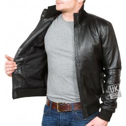 Men's Black Leather Bomber Jacket - Pacific - Lining