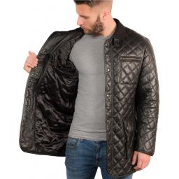 Mens Quilted Black Leather Jacket - Hip Length - Redford - Lining