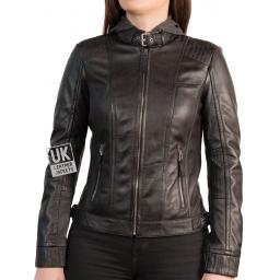 Womens Black Leather Jacket - Isla - Zip Out Jersey Hood - Front 3