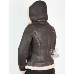 Womens Sheepskin Flying Jacket – Detach Hood – Lana - Matt Brown - Back with Hood