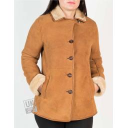 Womens Tan Shearling Sheepskin Jacket - Hip Length - Dana - Button Front to Neckline
