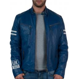Mens Blue Leather Biker Jacket Octane Blue - Front Unzipped