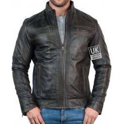 Mens Burnished Black Leather Jacket - Ellin - Front