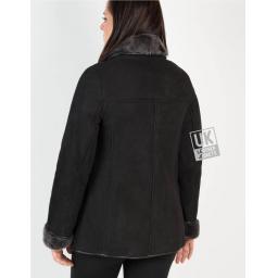 Womens Black Shearling Sheepskin Jacket - Hip Length - Dana - Back
