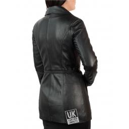 Womens Asymmetric Zip Black Leather Coat – Hip Length – Eternity - Back