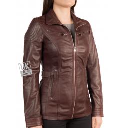 Womens Burgundy Leather Jacket - Vienna - Hip Length - Front