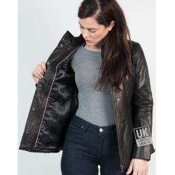 Womens Hip Length Zip Leather Jacket - Black - Lining