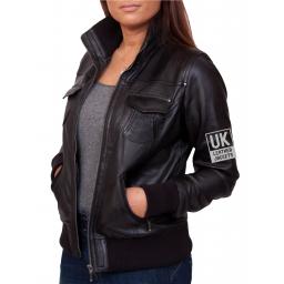 Women's Black Leather Bomber Jacket - Harper - Front