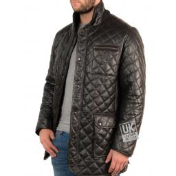 Mens Quilted Black Leather Jacket - Hip Length - Redford - Front Side