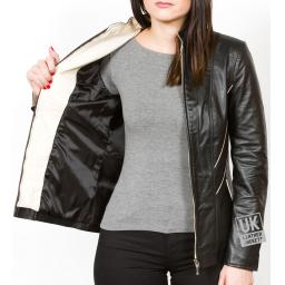 Women's Longer Length Black Leather Jacket - Anais - Lining