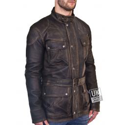 Mens Hip Length Leather Jacket - Longhurst - Vintage Black - Belted View