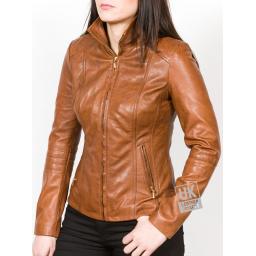 Women's Tan Leather Jacket - Delta - Fastened