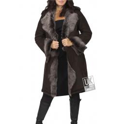 FINEST 3/4 Knee Length Toscana Lambskin Coat - Monroe - Brown / Snow Tipped - Front