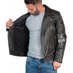Mens Leather Biker Jacket - Hurricane - Burnished Black - Lining