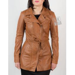 Womens Asymmetric Zip Tan Leather Coat – Hip Length – Eternity - Front 2