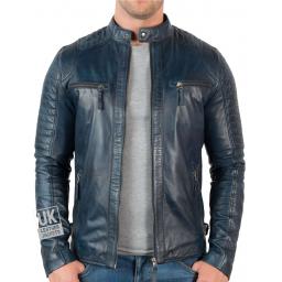 Mens Blue Leather Biker Jacket - Cruz - Fron Unzipped