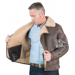 Mens Shearling Sheepskin Flying Jacket - Nevada - Vintage Brown - Full Wool Inerior