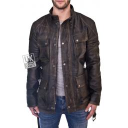 Mens Hip Length Leather Jacket - Longhurst - Vintage Black - Front