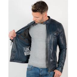 Mens Blue Leather Biker Jacket - Cruz - Lining