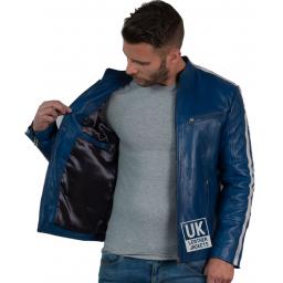 Mens Blue Leather Biker Jacket - Lining