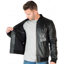 Men's Black Leather Bomber Jacket - Morton - Lining