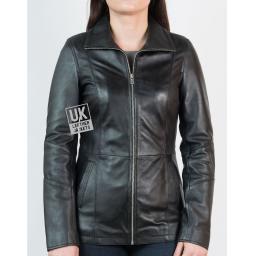 Womens Black Leather Jacket - Amelia - Hip Length - Front 2