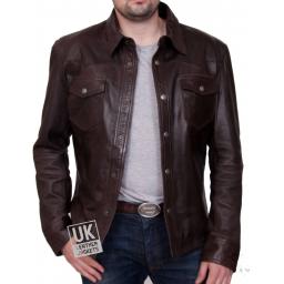 Men’s Brown Leather Shirt - Farrell - Regular Fit - Front - Undone