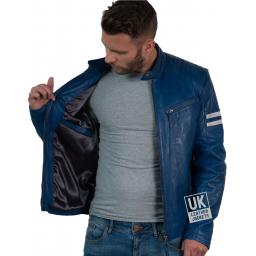Mens Blue Leather Biker Jacket Octane Blue - Lining