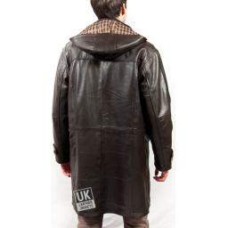 Men's Hooded Vintage Brown Leather Duffle Coat - Plus Size - Monty - Back