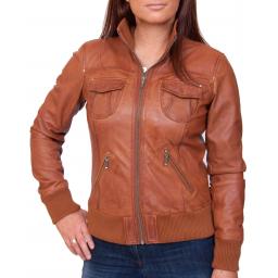 Women's Tan Leather Bomber Jacket - Harper - Front