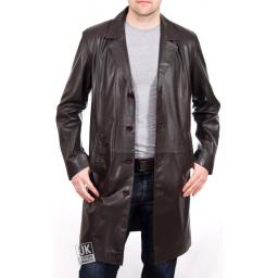 Men's 3/4 Length Brown Leather Coat - Plus Size - Henley  - Main