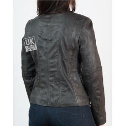 Ladies Dark Brown Classic Zip Leather Jacket - Crushed Finish - Back