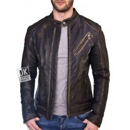Mens Burnished Black Leather Jacket - Theo - Front Unzipped