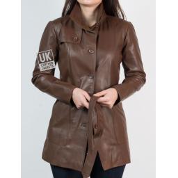 Womens 3/4 Length Brown Leather Coat Jacket - Collar