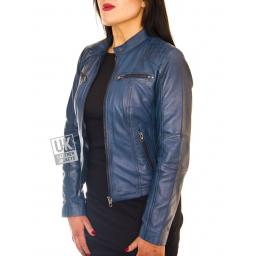 Womens Leather Biker Jacket - Jasmine - Blue - Front Open