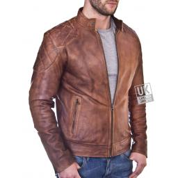 Mens Vintage Tan Leather Jacket - Corado - front Zipped