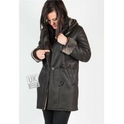 Womens Lambskin Duffle Coat - Detach Hood - Brown - Front