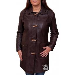 Women's Brown Leather Duffle Coat - Detach Hood - Remy - Front