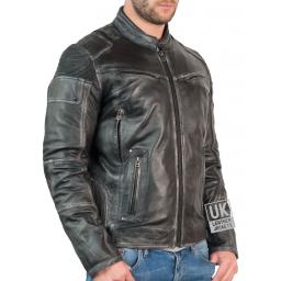 Mens Black Leather Biker Jacket - Accent - Zipped
