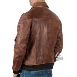 Mens Vintage Tan Leather Bomber Jacket - Top Gun - Back