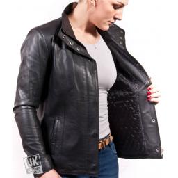 Women's Black Leather Jacket - Sapphire - Lining