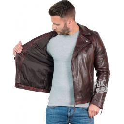 Mens Cross Zip Leather Biker Jacket - Vintage Malbec - Lining