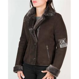 Womens Brown Shearling Sheepskin Jacket - Aspen - Revered Collar