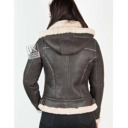 Womens Sheepskin Flying Jacket – Detach Hood – Lana - Matt Brown - Back
