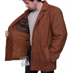 Mens Tan Nubuck Leather Coat Jacket - Magna - Lining