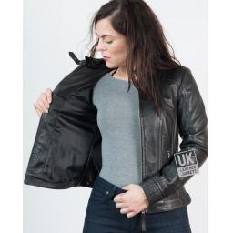 Womens Black Leather Jacket - Isla - Zip Out Jersey Hood - Lining